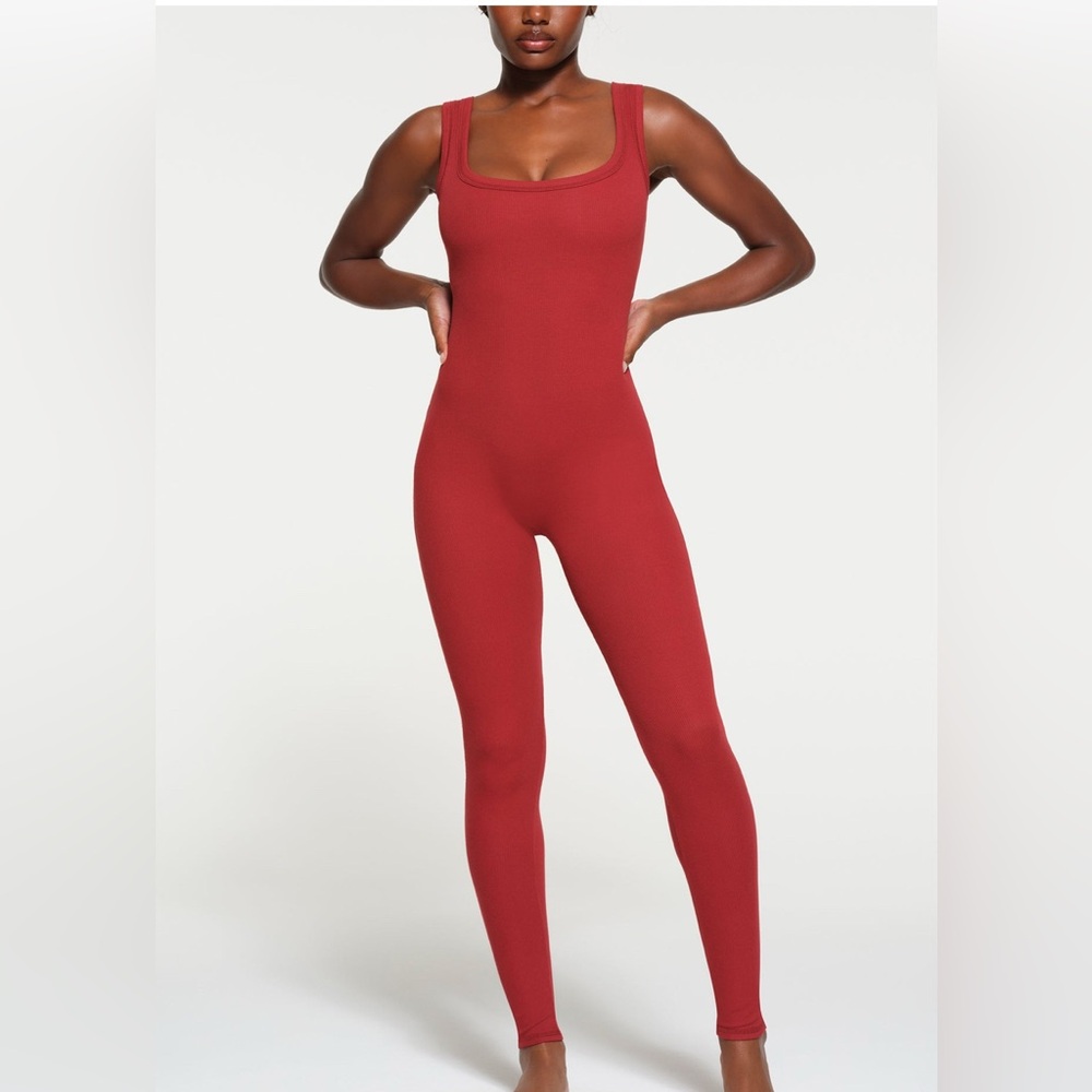 SKIMS Red Sleeveless Ribbed Unitard Bodysuit